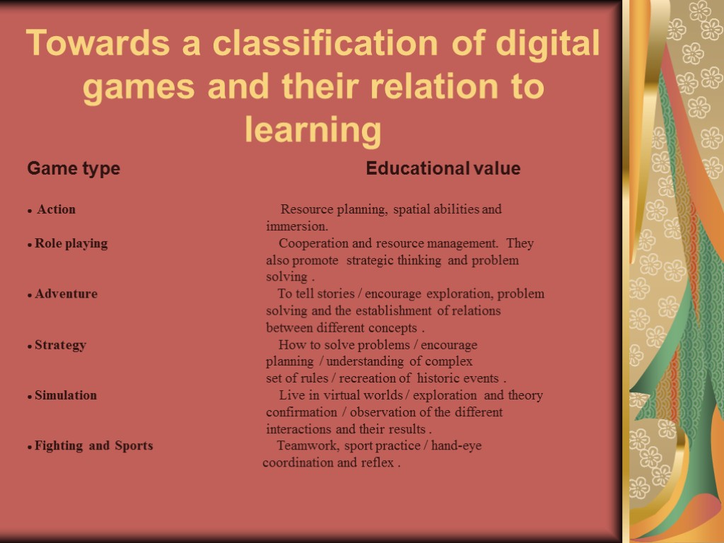 Towards a classification of digital games and their relation to learning Game type Educational